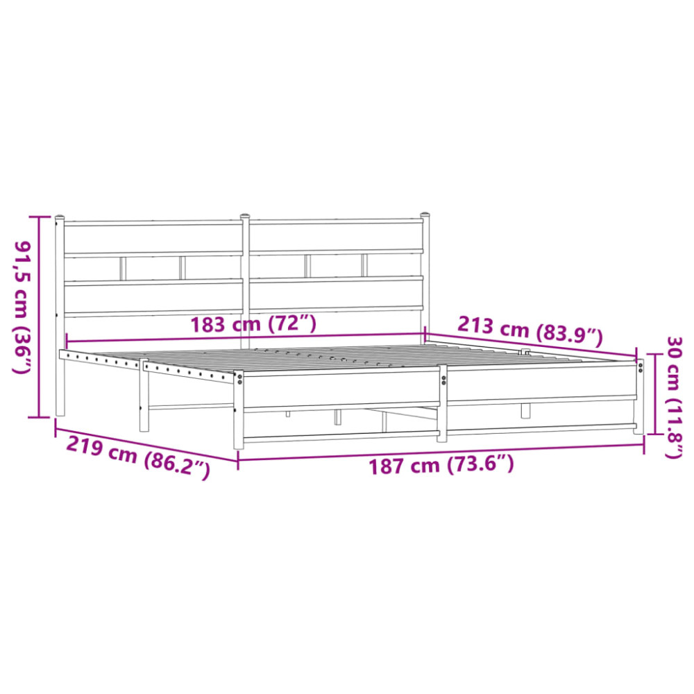 Produktbild för Sängram utan madrass metall brun ek 183x213 cm