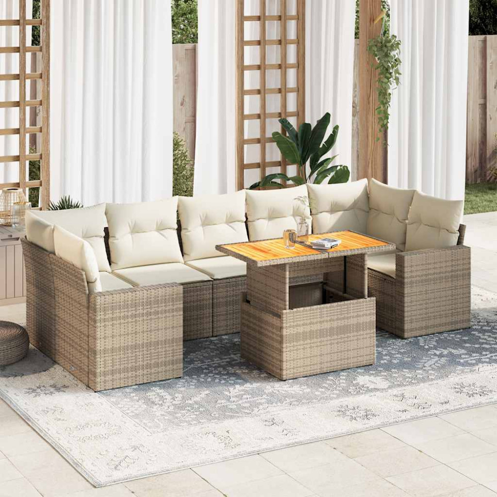 Produktbild för Matgrupp för trädgården med dynor 8 delar beige konstrotting