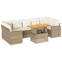 Produktbild för Matgrupp för trädgården med dynor 8 delar beige konstrotting