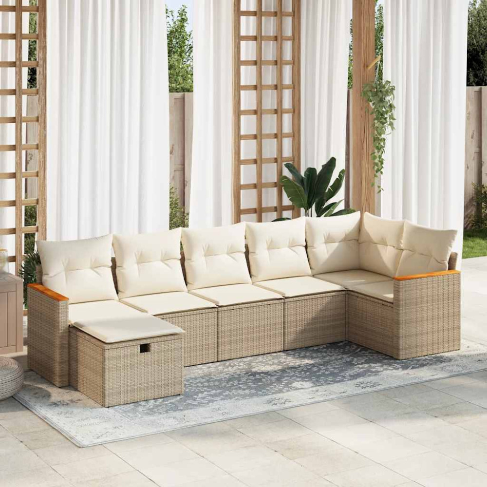 Produktbild för Matgrupp för trädgården med dynor 7 delar beige konstrotting