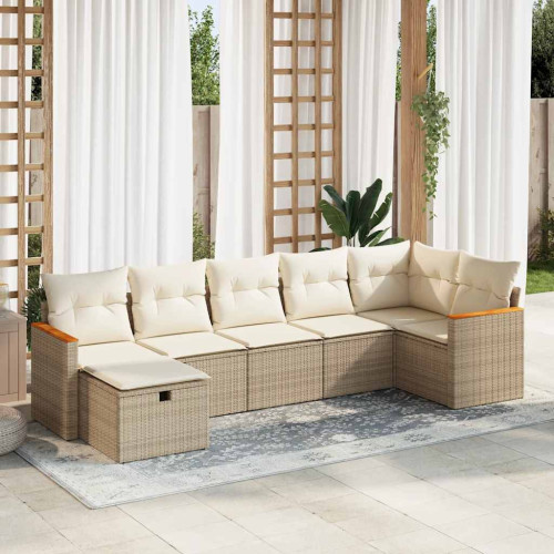 vidaXL Matgrupp för trädgården med dynor 7 delar beige konstrotting