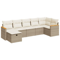 Produktbild för Matgrupp för trädgården med dynor 7 delar beige konstrotting