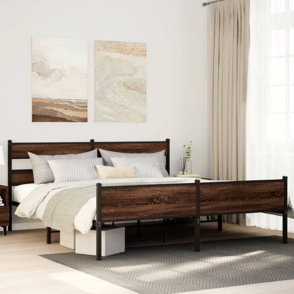 Produktbild för Sängram utan madrass metall brun ek 180x200 cm