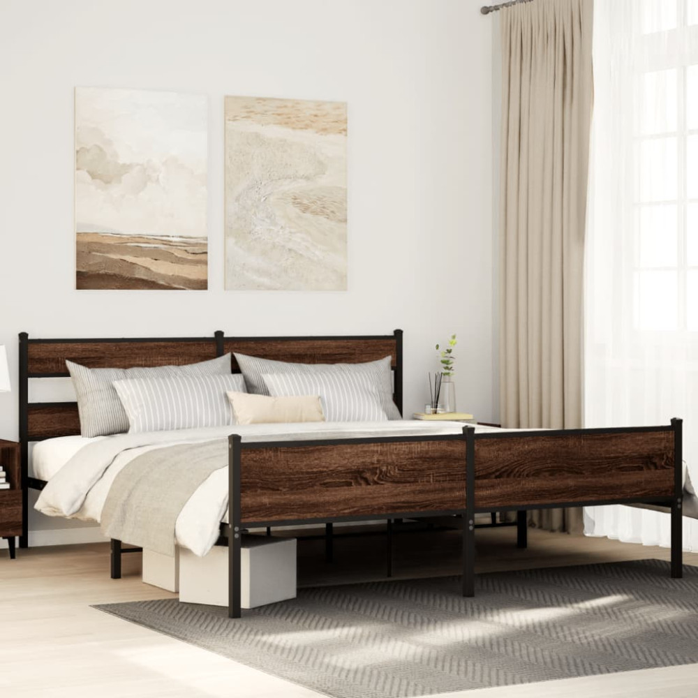 Produktbild för Sängram utan madrass metall brun ek 193x203 cm