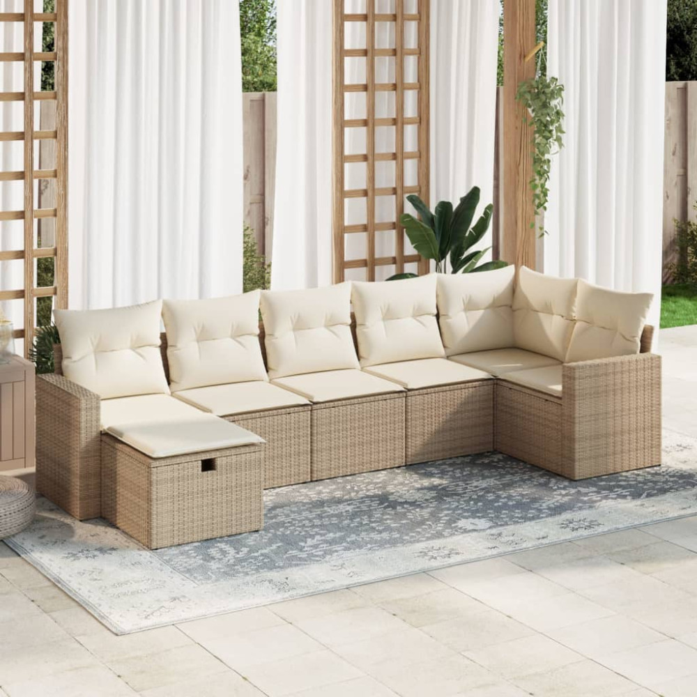 Produktbild för Matgrupp för trädgården med dynor 7 delar beige konstrotting