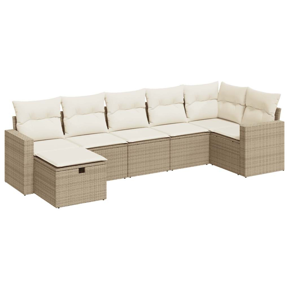 Produktbild för Matgrupp för trädgården med dynor 7 delar beige konstrotting