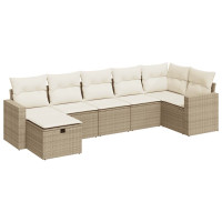 Produktbild för Matgrupp för trädgården med dynor 7 delar beige konstrotting
