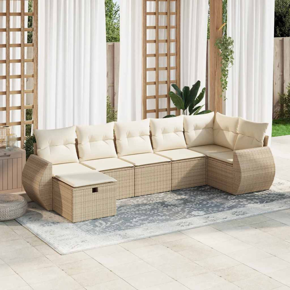 Produktbild för Matgrupp för trädgården med dynor 7 delar beige konstrotting