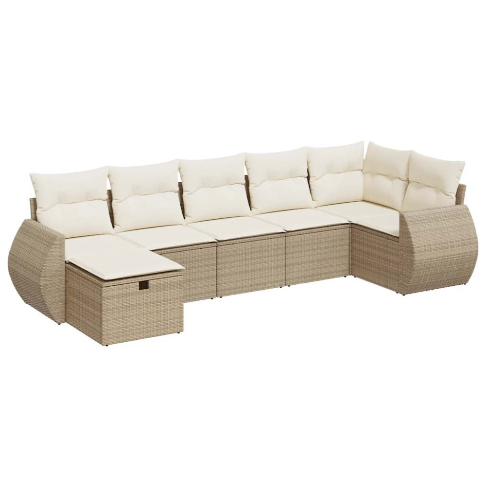 Produktbild för Matgrupp för trädgården med dynor 7 delar beige konstrotting