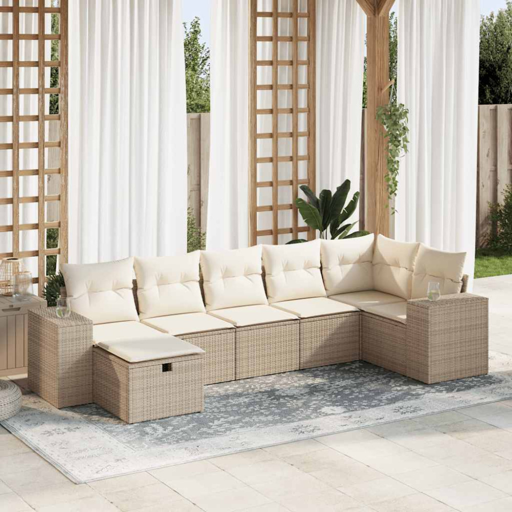 Produktbild för Matgrupp för trädgården med dynor 7 delar beige konstrotting