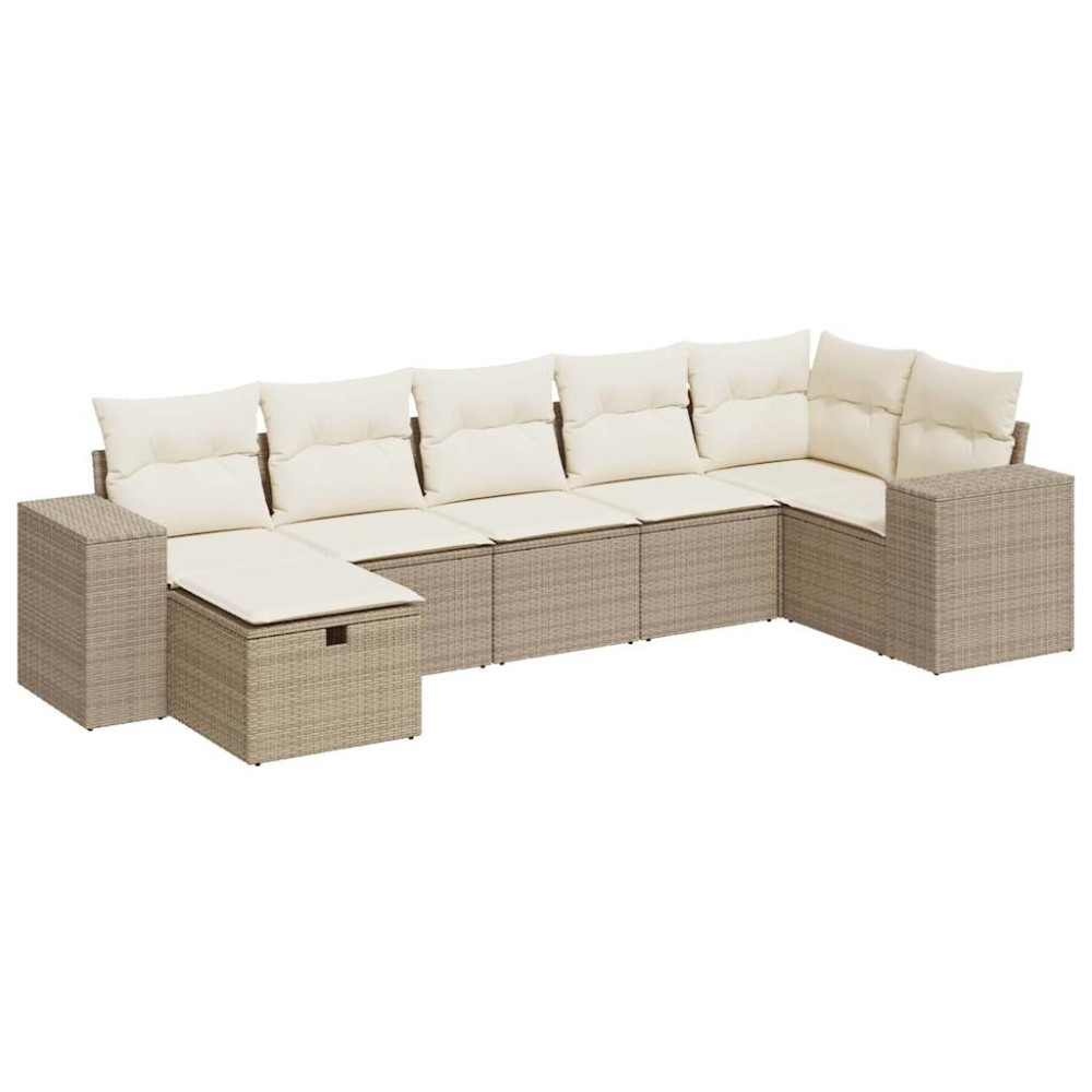 Produktbild för Matgrupp för trädgården med dynor 7 delar beige konstrotting