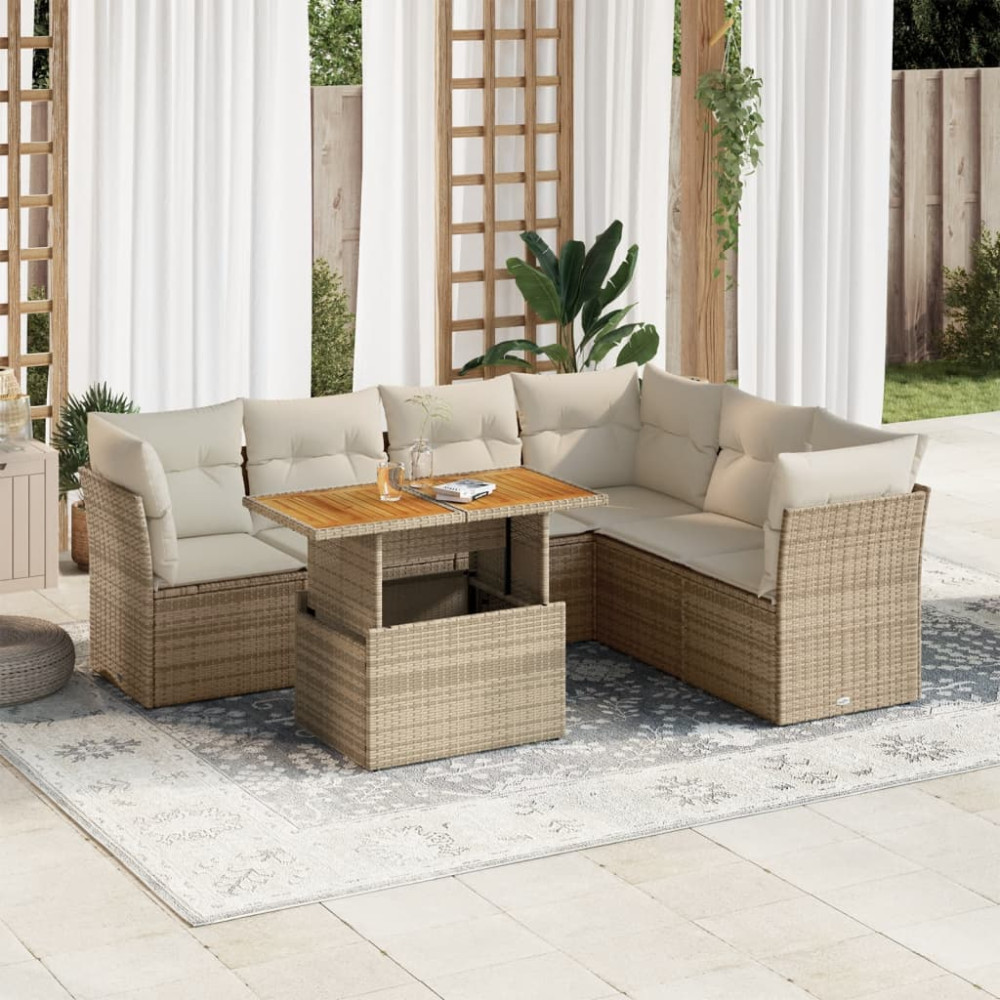 Produktbild för Matgrupp för trädgården med dynor 7 delar beige konstrotting