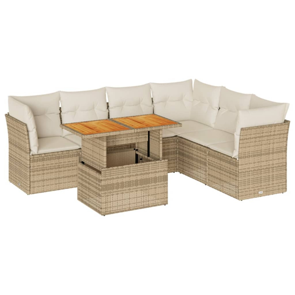 Produktbild för Matgrupp för trädgården med dynor 7 delar beige konstrotting