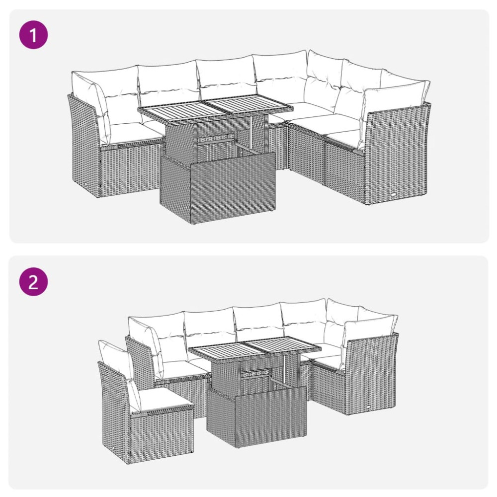 Produktbild för Matgrupp för trädgården med dynor 7 delar beige konstrotting