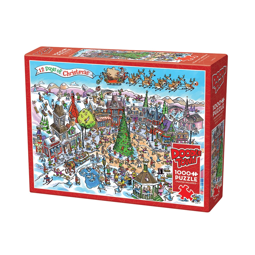 Produktbild för DoodleTown: 12 Days of Christmas, Pussel, 1000 bitar, Cobble Hill