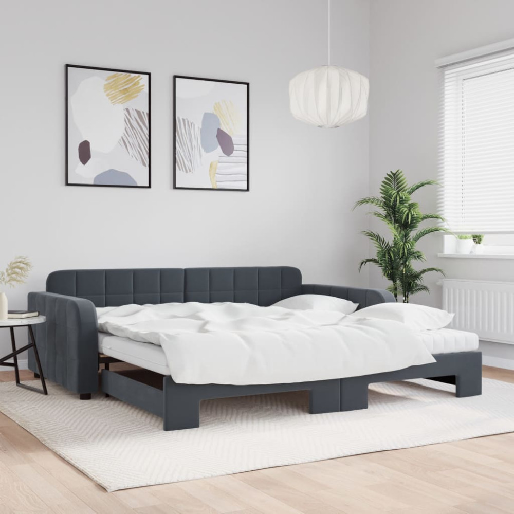Produktbild för Dagbädd utdragbar och madrasser mörkgrå 100x200 cm sammet