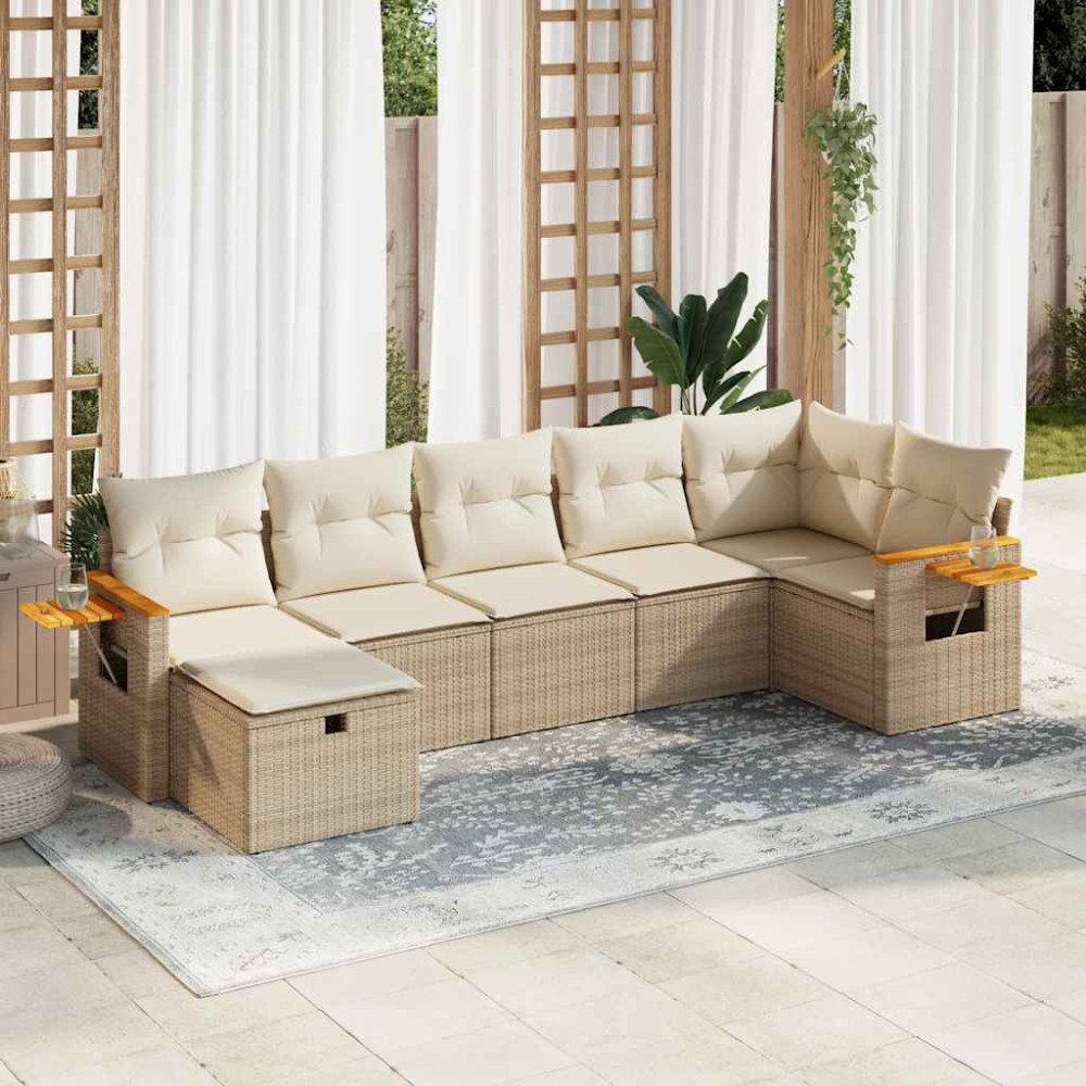 Produktbild för Matgrupp för trädgården med dynor 7 delar beige konstrotting