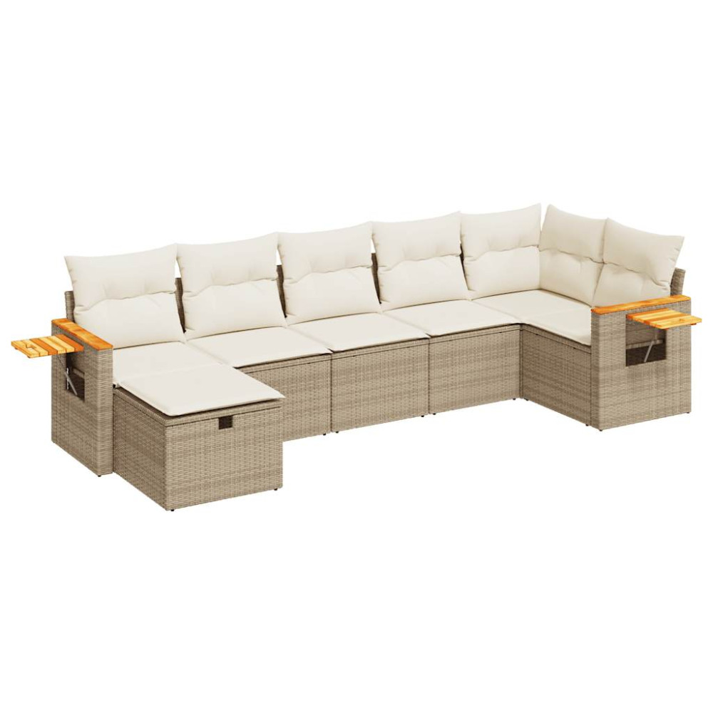 Produktbild för Matgrupp för trädgården med dynor 7 delar beige konstrotting