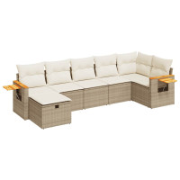 Produktbild för Matgrupp för trädgården med dynor 7 delar beige konstrotting