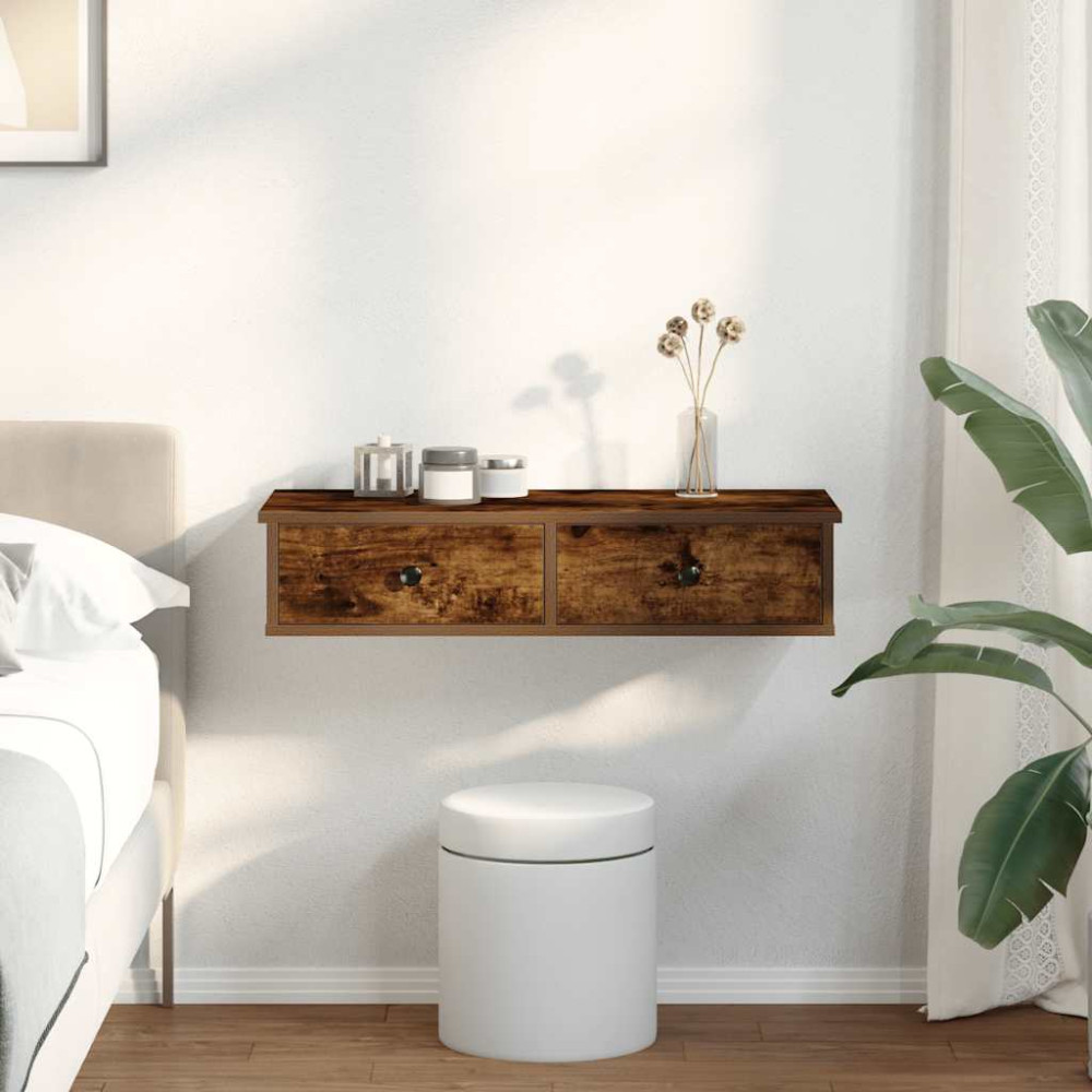 Produktbild för Vägghylla med lådor rökfärgad ek 80x31x17 cm konstruerat trä