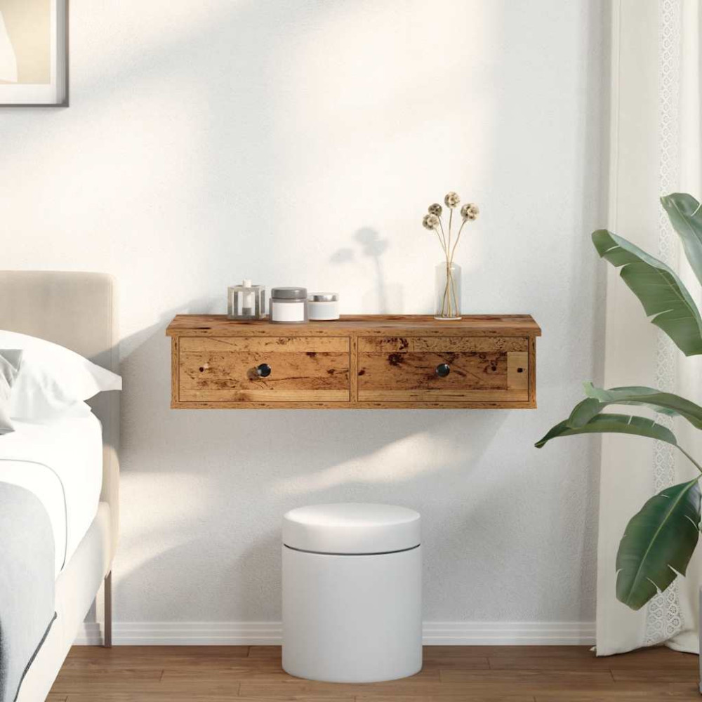 Produktbild för Vägghylla med lådor åldrat trä 80x31x17 cm konstruerat trä