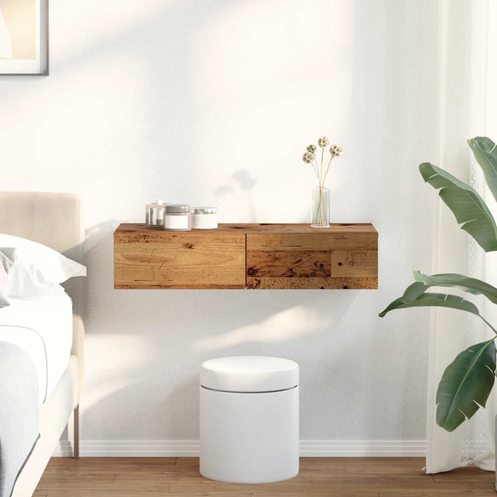 Produktbild för Vägghylla med lådor åldrat trä 80x33x17 cm konstruerat trä