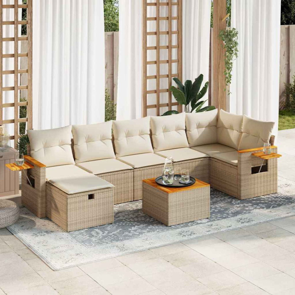 Produktbild för Matgrupp för trädgården med dynor 8 delar beige konstrotting