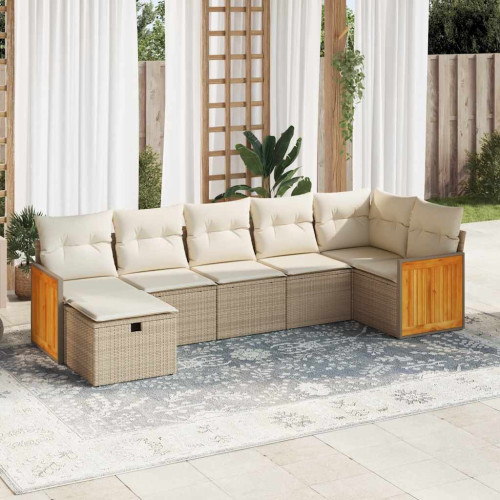 vidaXL Matgrupp för trädgården med dynor 7 delar beige konstrotting
