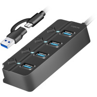 Produktbild för USB-hub 4-port med separata På/Av-knappar USB-C/USB-A in USB 3.2 Gen1