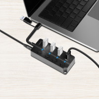 Produktbild för USB-hub 4-port med separata På/Av-knappar USB-C/USB-A in USB 3.2 Gen1