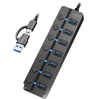 Produktbild för USB-hub 7-port med separata På/Av-knappar USB-C/USB-A in USB 3.2 Gen1