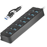 Produktbild för USB-hub 7-port med separata På/Av-knappar USB-C/USB-A in USB 3.2 Gen1