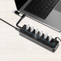 Produktbild för USB-hub 7-port med separata På/Av-knappar USB-C/USB-A in USB 3.2 Gen1