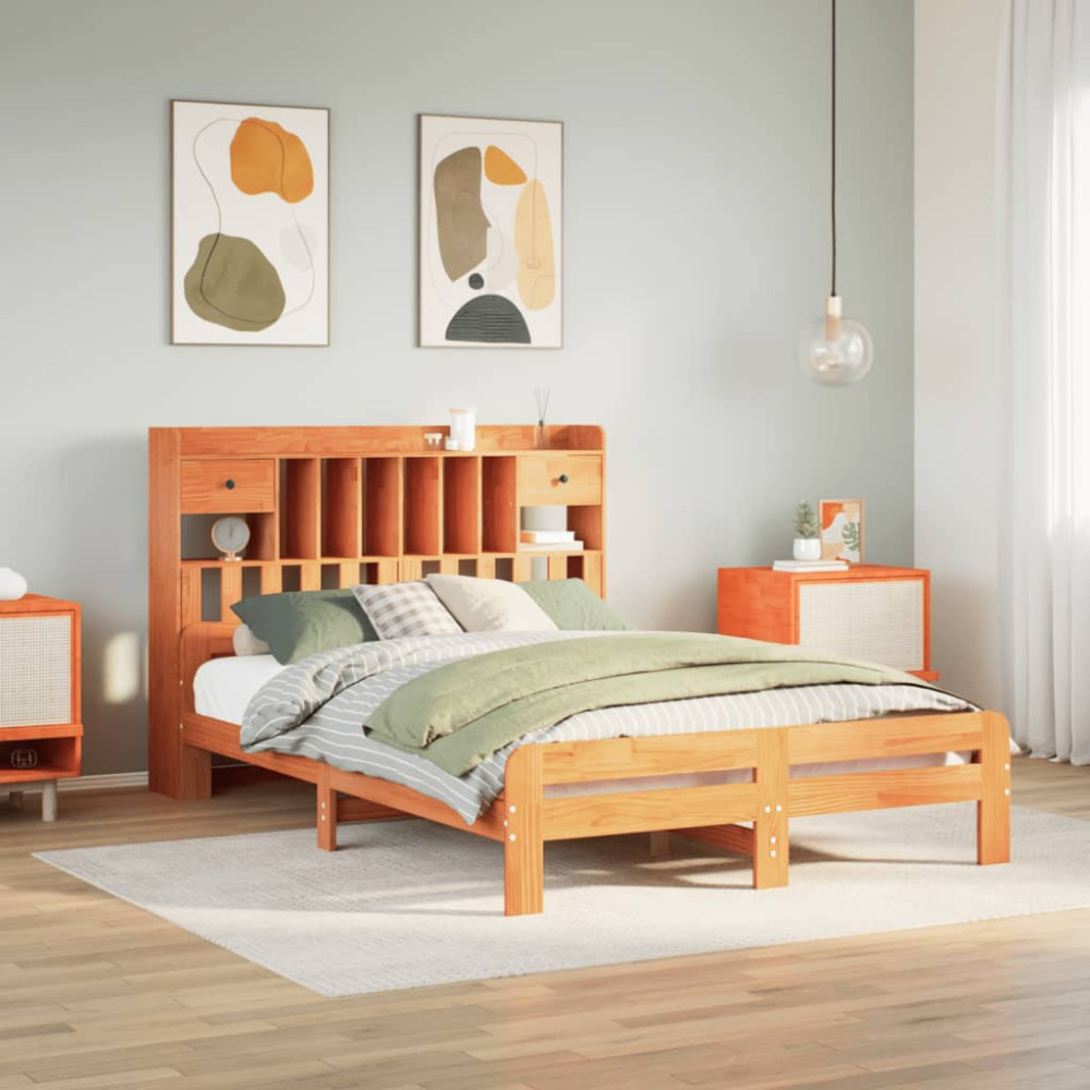 Produktbild för Säng med bokhylla utan madrass vaxbrun 160x200cm massiv furu