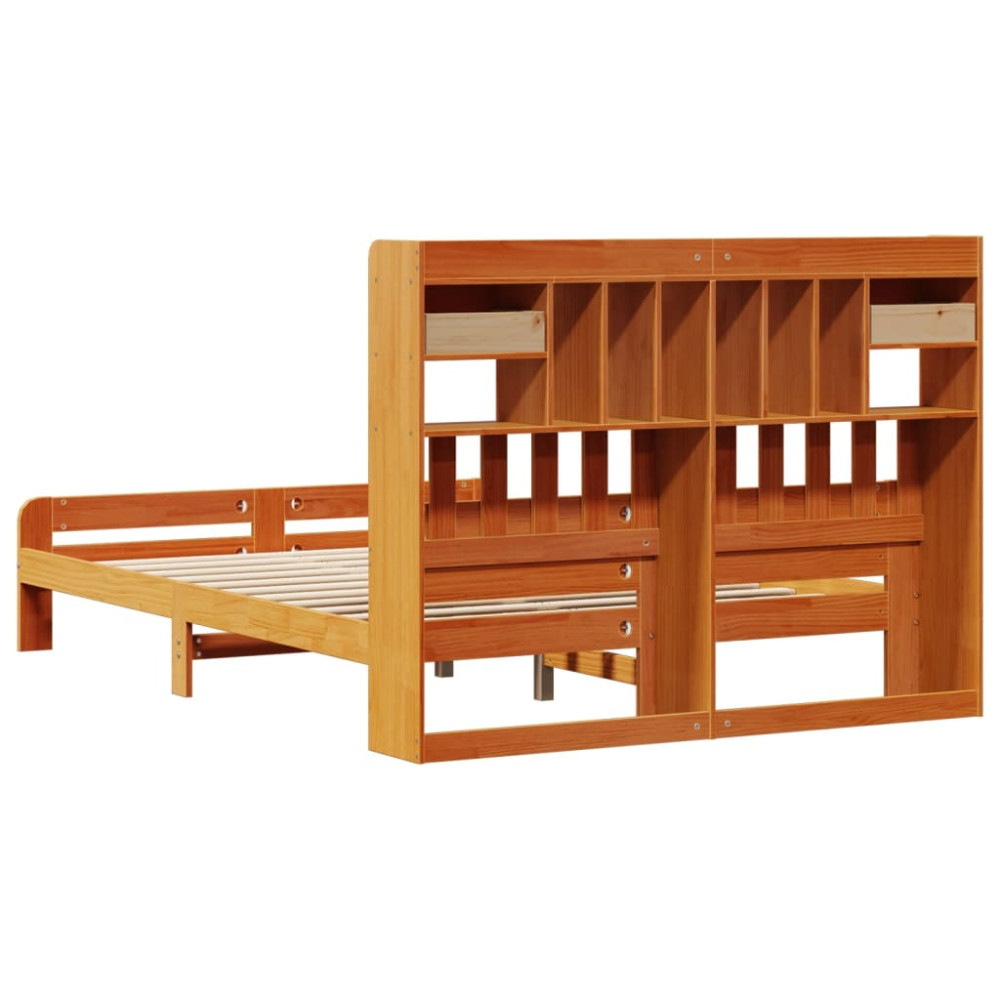Produktbild för Säng med bokhylla utan madrass vaxbrun 160x200cm massiv furu