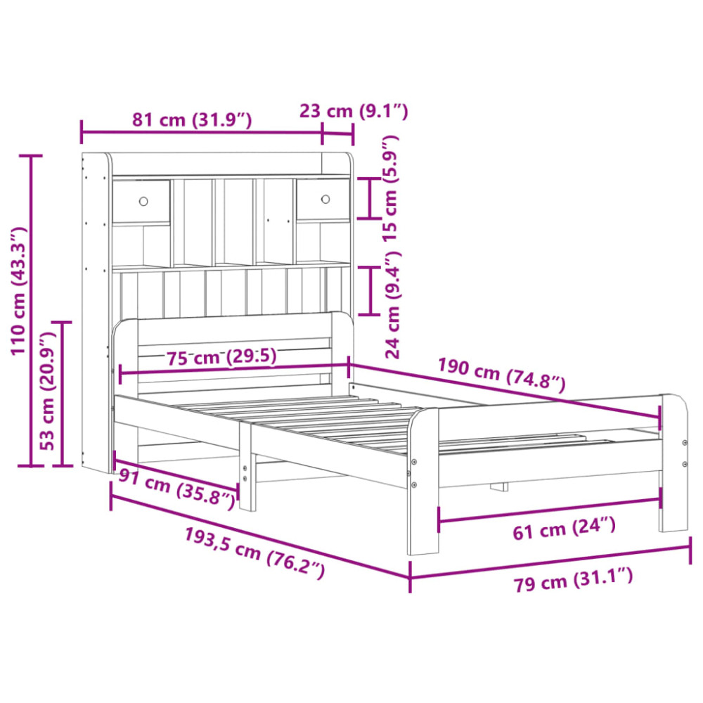 Produktbild för Säng med bokhylla utan madrass vaxbrun 75x190 cm massiv furu