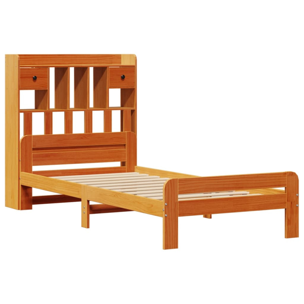 Produktbild för Säng med bokhylla utan madrass vaxbrun 75x190 cm massiv furu