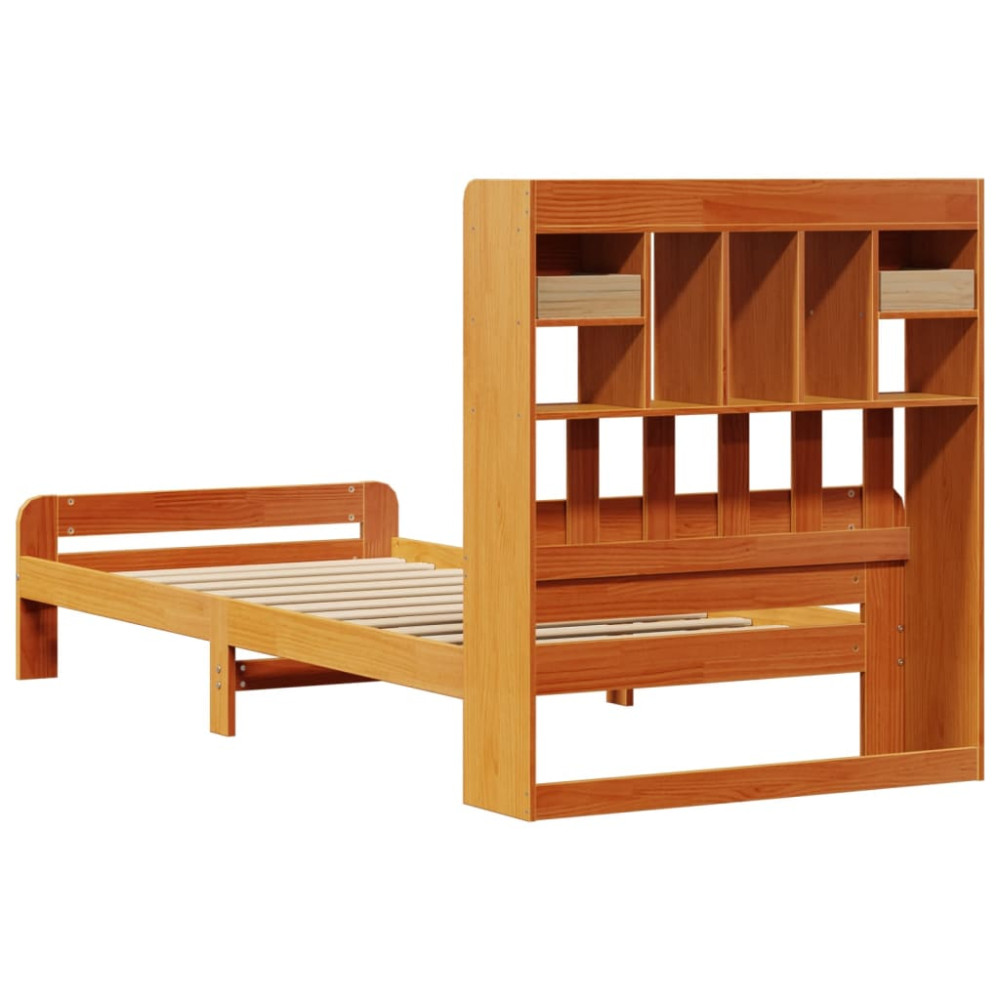Produktbild för Säng med bokhylla utan madrass vaxbrun 75x190 cm massiv furu
