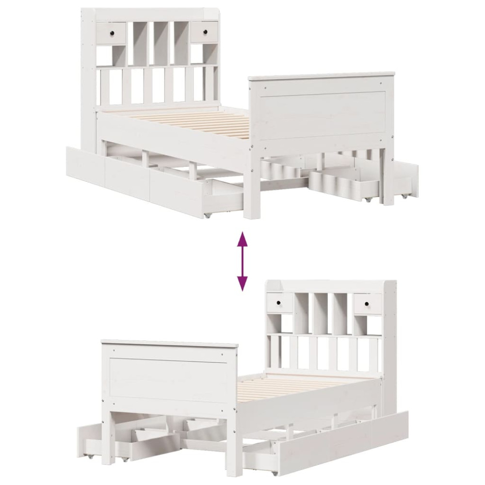 Produktbild för Säng med bokhylla utan madrass vit 90x200cm massiv furu