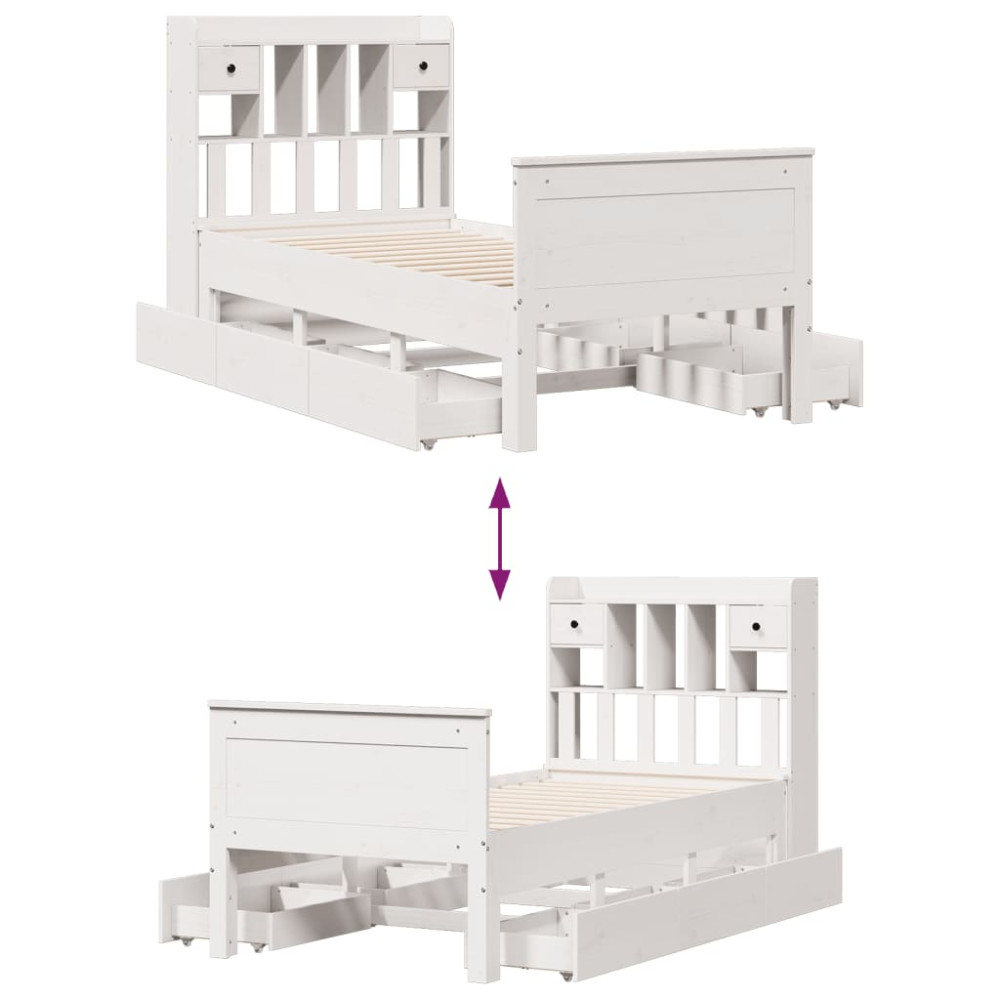 Produktbild för Säng med bokhylla utan madrass vit 90x190cm massiv furu