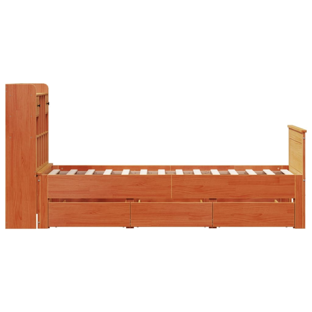 Produktbild för Säng med bokhylla utan madrass vaxbrun 75x190 cm massiv furu