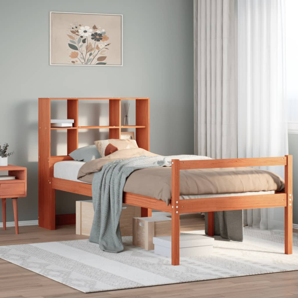 Produktbild för Säng med bokhylla utan madrass vaxbrun 75x190 cm massiv trä