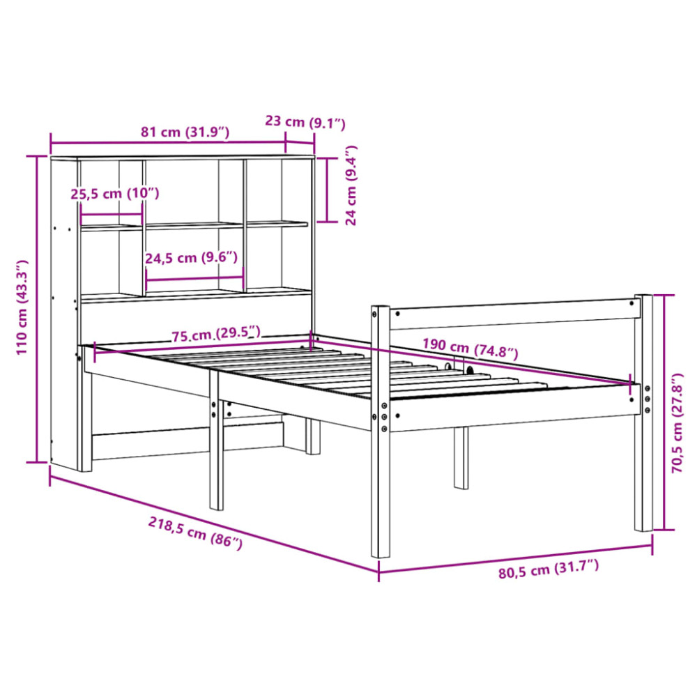 Produktbild för Säng med bokhylla utan madrass vaxbrun 75x190 cm massiv trä