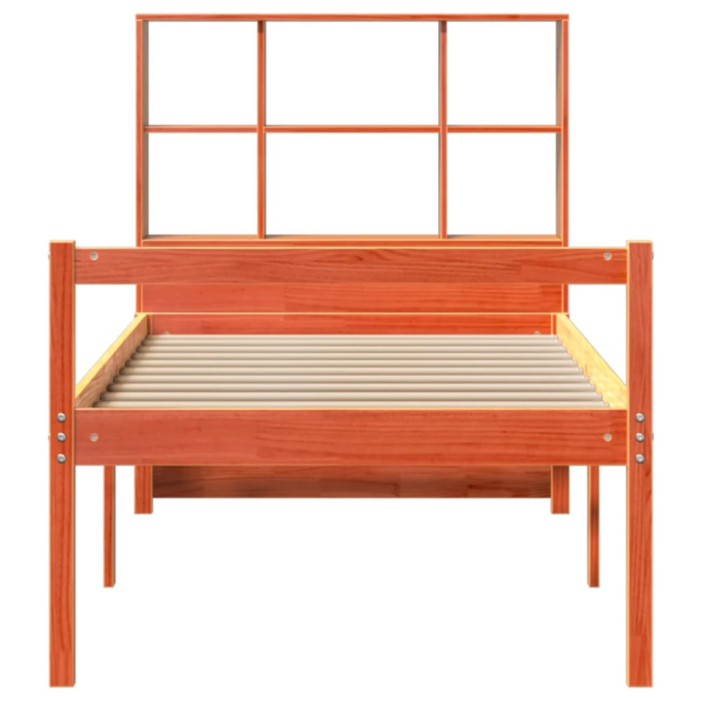 Produktbild för Säng med bokhylla utan madrass vaxbrun 75x190 cm massiv trä