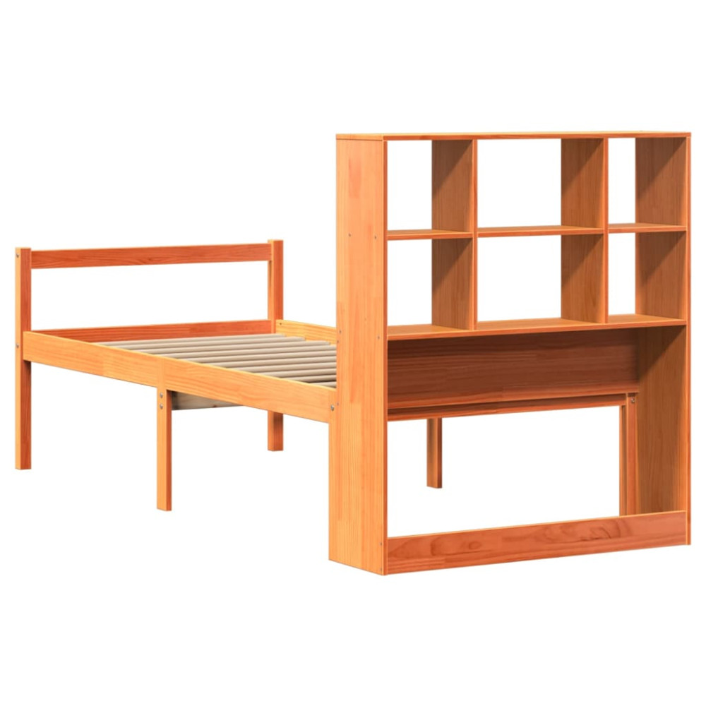 Produktbild för Säng med bokhylla utan madrass vaxbrun 75x190 cm massiv trä