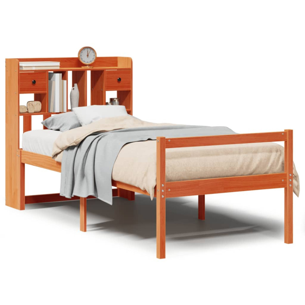 Produktbild för Säng med bokhylla utan madrass vaxbrun 75x190 cm massiv furu