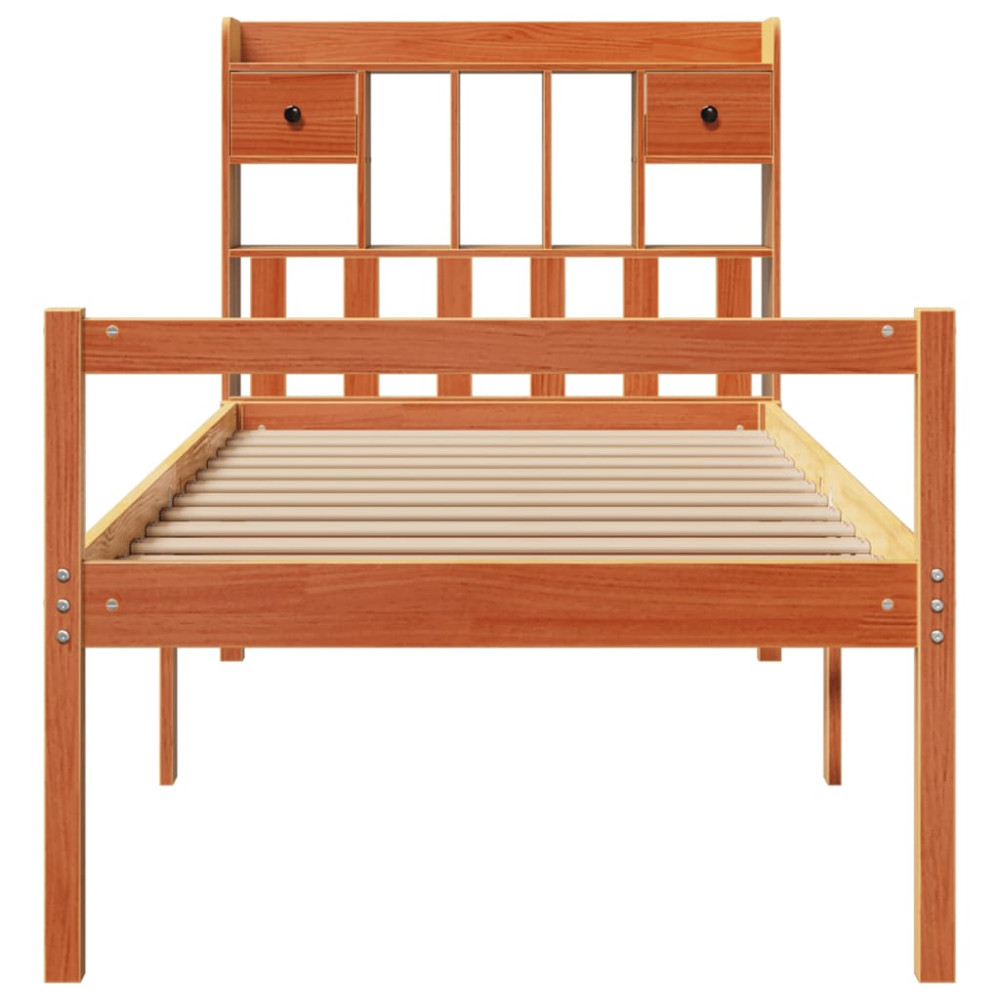 Produktbild för Säng med bokhylla utan madrass vaxbrun 75x190 cm massiv furu