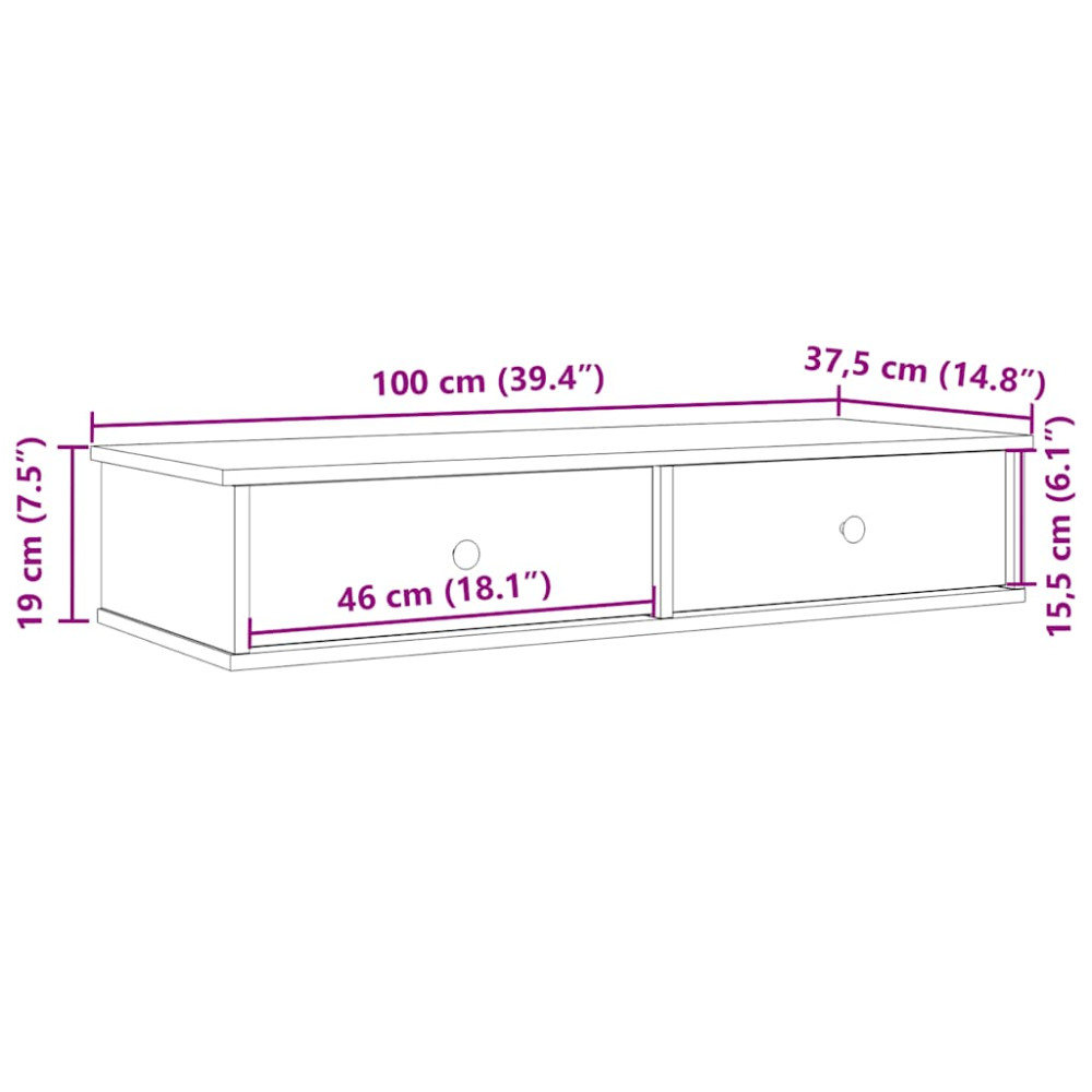 Produktbild för Vägghylla med lådor svart 100x37,5x19 cm konstruerat trä