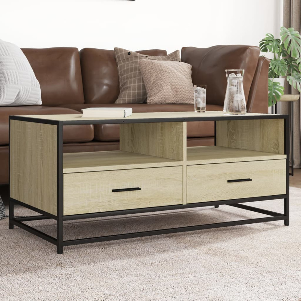 Produktbild för Soffbord sonoma-ek 100x50x45 cm konstruerat trä och metall