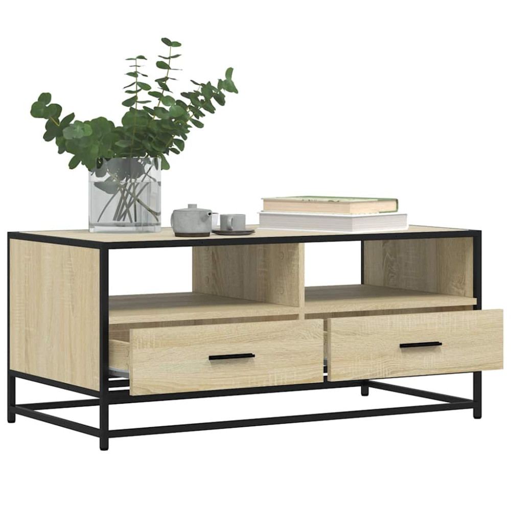 Produktbild för Soffbord sonoma-ek 100x50x45 cm konstruerat trä och metall